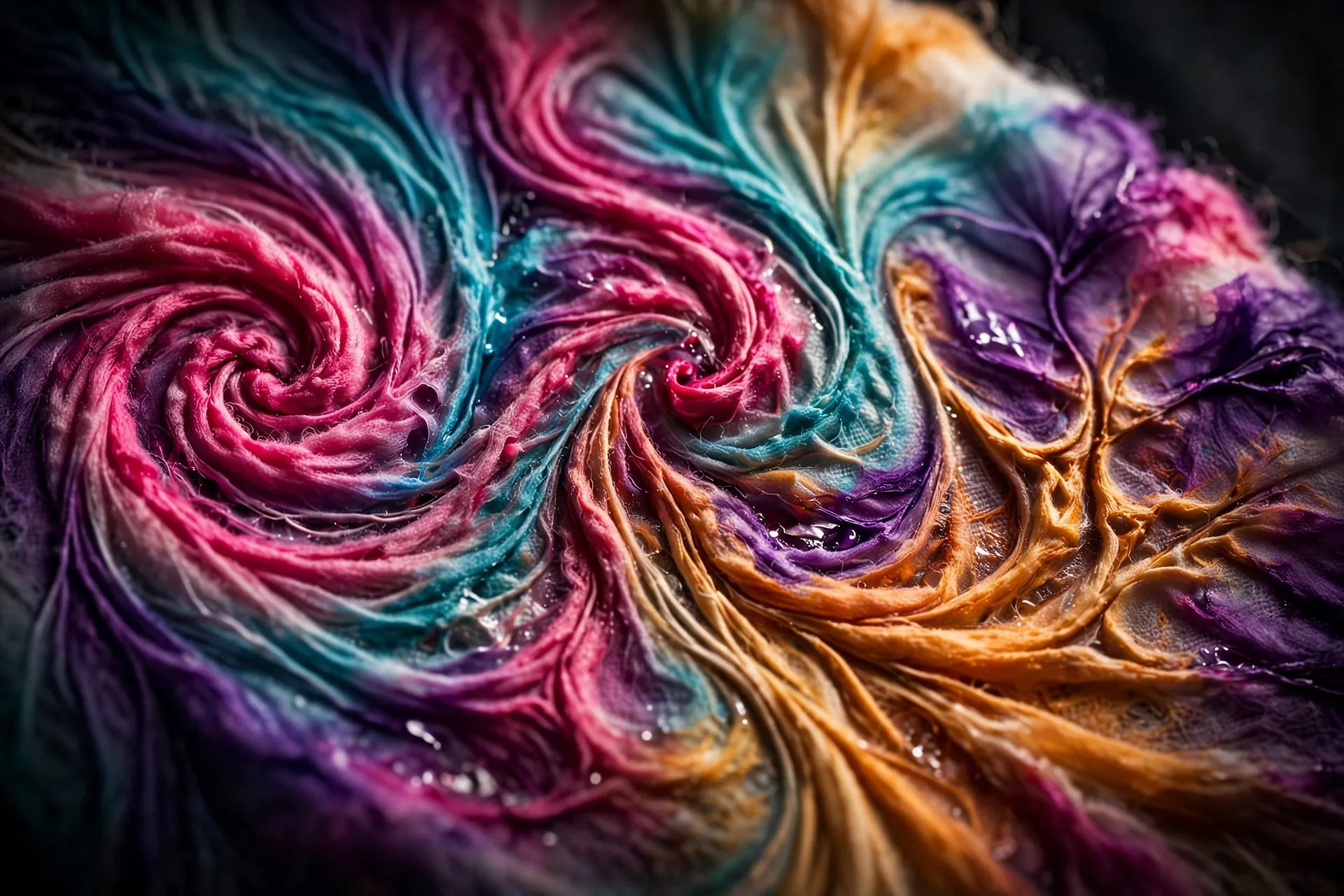 Macro of hand tie-dyed textile with spirals of fuchsia, turquoise, amber and violet